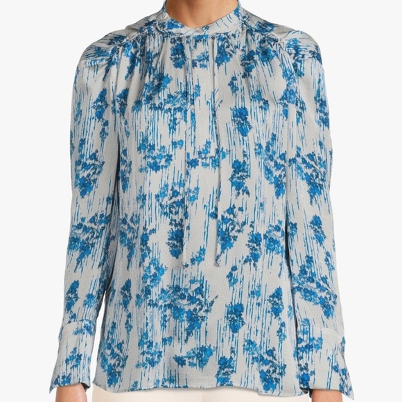 DAY Blue and White Floral Elements Blouse Plus Size 12 silky feminine romantic - Picture 1 of 10